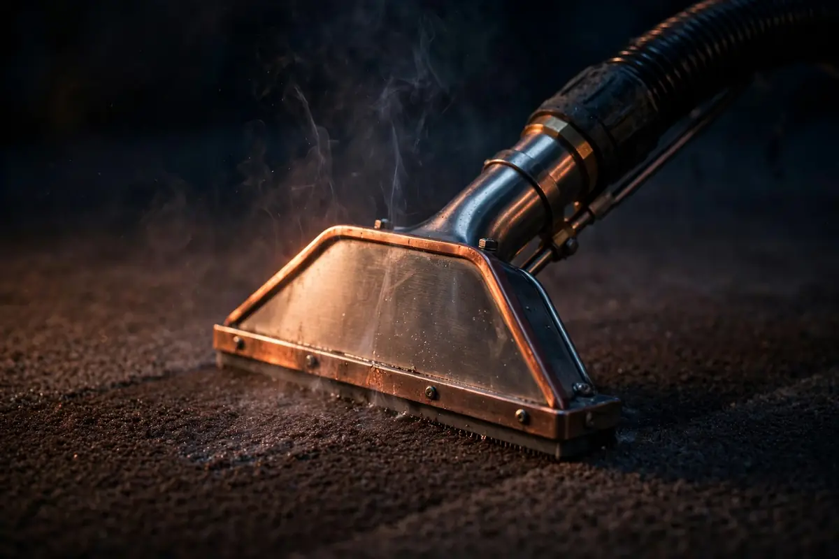 Extraction wand passing over dark carpet under work light
